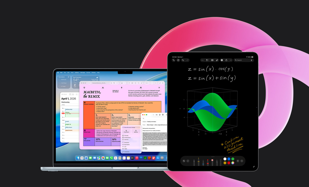 MacBook Air met Pages, Agenda, Melding en Mail naast een iPad met handgeschreven vergelijkingen in Wiskundenotities, om de productiviteit met ingebouwde apps te demonstreren