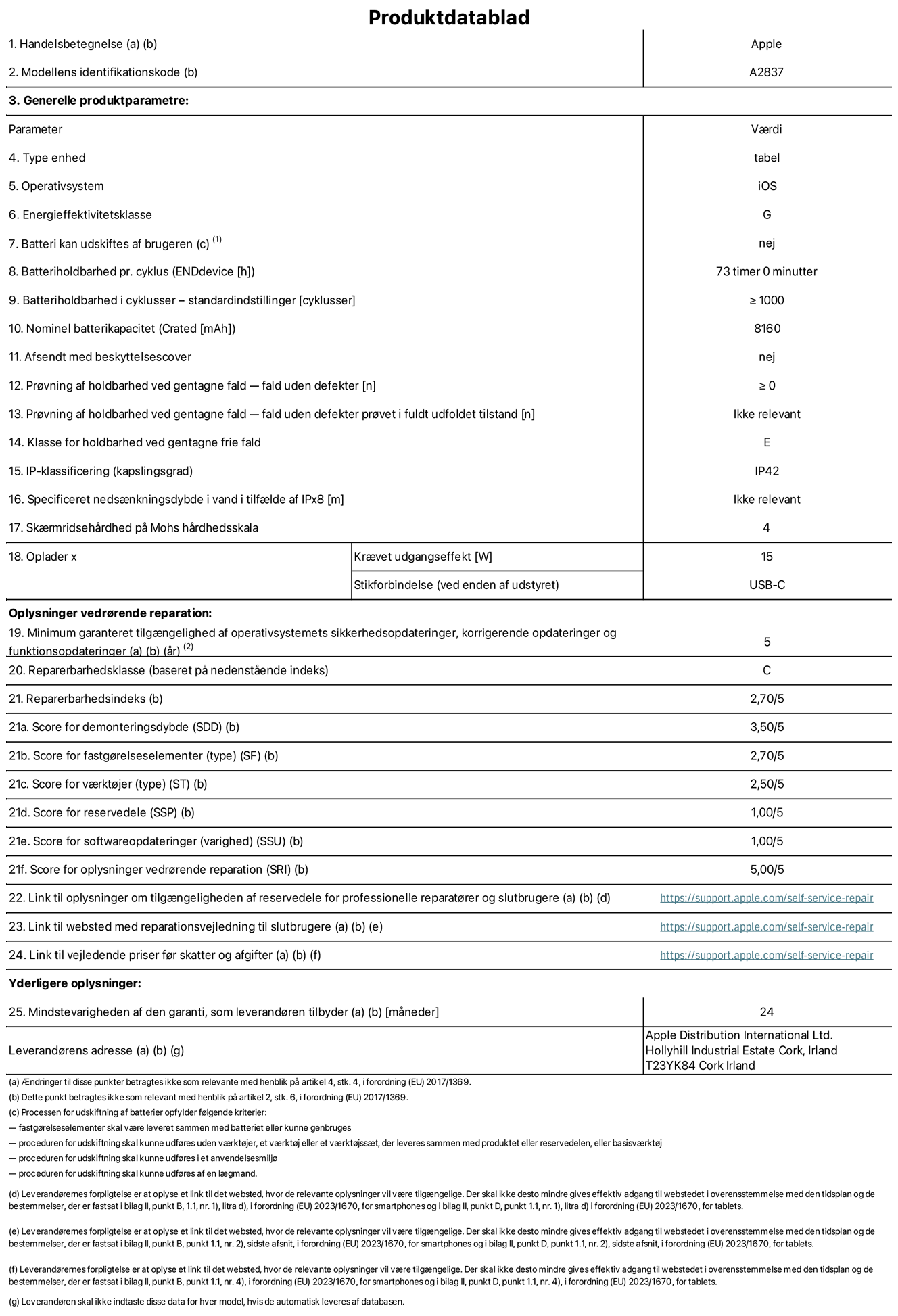 Produktdatablad til 11" iPad Pro Wi-Fi + Cellular, model A2837. Leveret af Apple Distribution International Ltd, Hollyhill Industrial Estate. Cork, Irland T23 YK84. Enhedstype: tablet. Styresystem: iOS. Energieffektivitetsklasse: G. Batteri kan udskiftes af brugeren: nej. Batteritid: 73 timer. Batterilevetid i cyklusser: ≥ 1000. Nominel batterikapacitet: 8160 mAh. Holdbarhedstest ved gentagne fald – fald uden defekt: ≥ 0. Holdbarhedsklasse ved gentagne fald: E. Kapslingsklasse: IP42. Skærmens ridsefasthed på Mohs' hårdhedsskala: 4. Påkrævet udgangseffekt for oplader: 15 W. Opladerstiktype: USB-C. Garanteret minimumsperiode for tilgængelighed af sikkerhedsopdateringer, fejlrettelser og funktionsopdateringer til styresystemet: 5 år. Reparerbarhedsklasse: C. Reparationsindeks: 2,70/5. Antal point for demonteringsdybde: 3,50/5. Antal point for fastgørelseselementer: 2,70/5. Antal point for værktøj: 2,50/5. Antal point for reservedele: 1,00/5. Antal point for softwareopdateringer: 1,00/5. Antal point for reparationsoplysninger: 5,00/5. Weblink til oplysninger om tilgængeligheden af reservedele for professionelle reparatører og slutbrugere: https://support.apple.com/self-service-repair. Weblink til vejledning i reparation for slutbrugere: https://support.apple.com/self-service-repair. Weblink til vejledende priser før skatter og afgifter: https://support.apple.com/self-service-repair. Produktet er omfattet af 24 måneders garanti.
