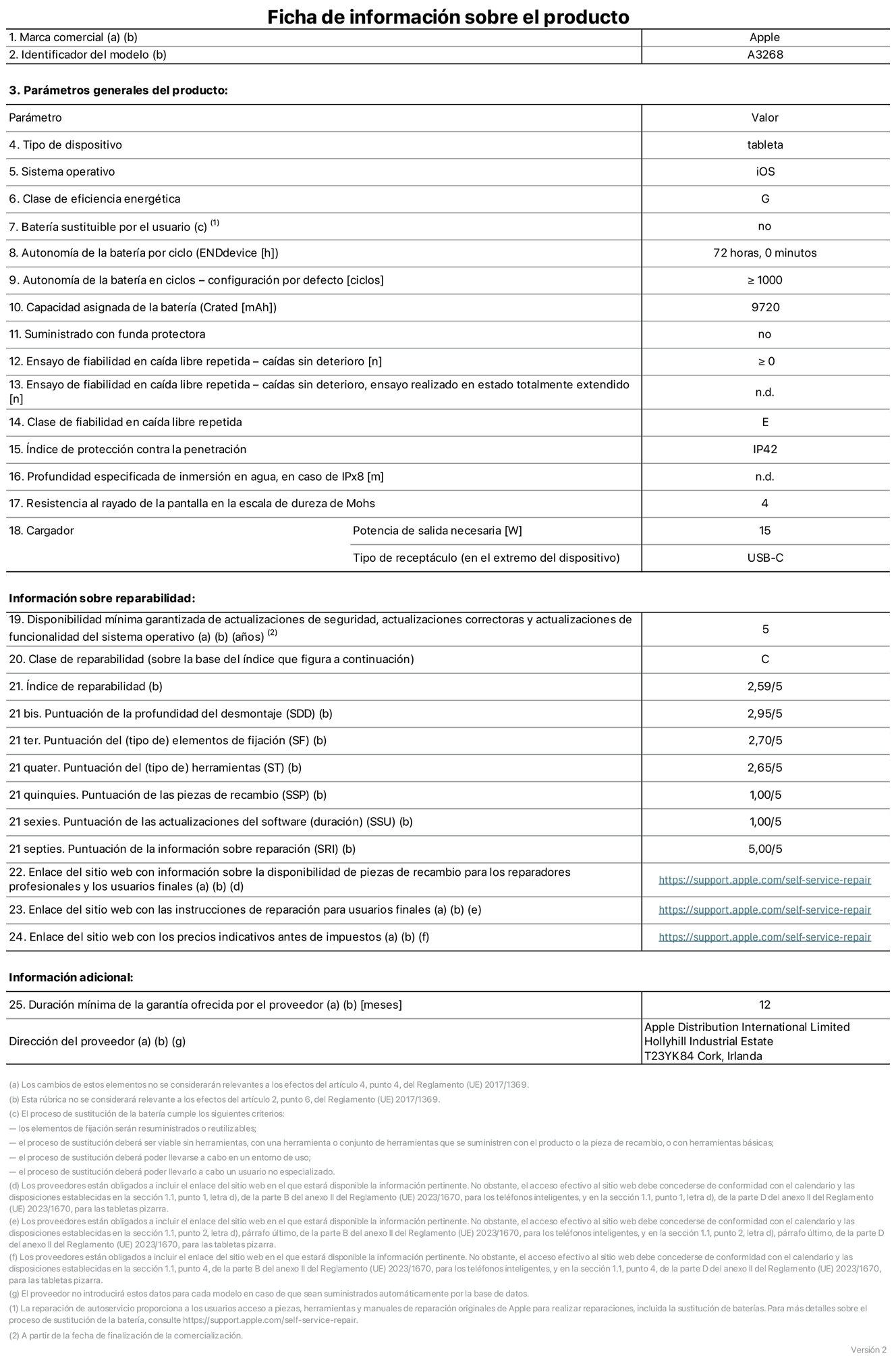 Ficha de información sobre el producto del iPad Air Wi‑Fi de 13 pulgadas. Modelo A3268. Suministrado por Apple UK Ltd, New Bridge Street, 100, EC4V 6JA Londres. Tipo de dispositivo: Tablet. Sistema operativo: iOS. Clase de eficiencia energética para el rango dinámico estándar: G. Autonomía de la batería 72 horas. Autonomía de la batería en ciclos: ≥ 1.000. Capacidad asignada de la batería: 9.720 mAh. Caídas sin deterioro en ensayo de fiabilidad en caída libre repetida: ≥ 0. Clase de fiabilidad en caída libre repetida: E. Índice de protección contra la penetración: IP42 Resistencia al rayado de la pantalla en la escala de dureza de Mohs: 4. Potencia de salida necesaria del cargador: 15 W. Tipo de receptáculo del cargador: USB‑C. Disponibilidad mínima garantizada de actualizaciones de seguridad, correctoras y de funcionalidad del sistema operativo: 5 años. Clase de reparabilidad: C. Índice de reparabilidad: 2,59/5. Puntuación de la profundidad del desmontaje: 2,95/5. Puntuación de los elementos de fijación: 2,70/5. Puntuación de las herramientas: 2,65/5. Puntuación de las piezas de recambio: 1/5. Puntuación de las actualizaciones de software: 1/5. Puntuación de las actualizaciones de software: 1/5. Puntuación de las información sobre reparación: 5/5. Enlace del sitio web con información sobre la disponibilidad de piezas de recambio para reparadores profesionales y usuarios finales: https://support.apple.com/self-service-repair. Enlace del sitio web con las instrucciones de reparación para usuarios finales: https://support.apple.com/self-service-repair. Enlace del sitio web con los precios indicativos antes de impuestos: https://support.apple.com/self-service-repair. Se ofrece una garantía general de 12 meses.