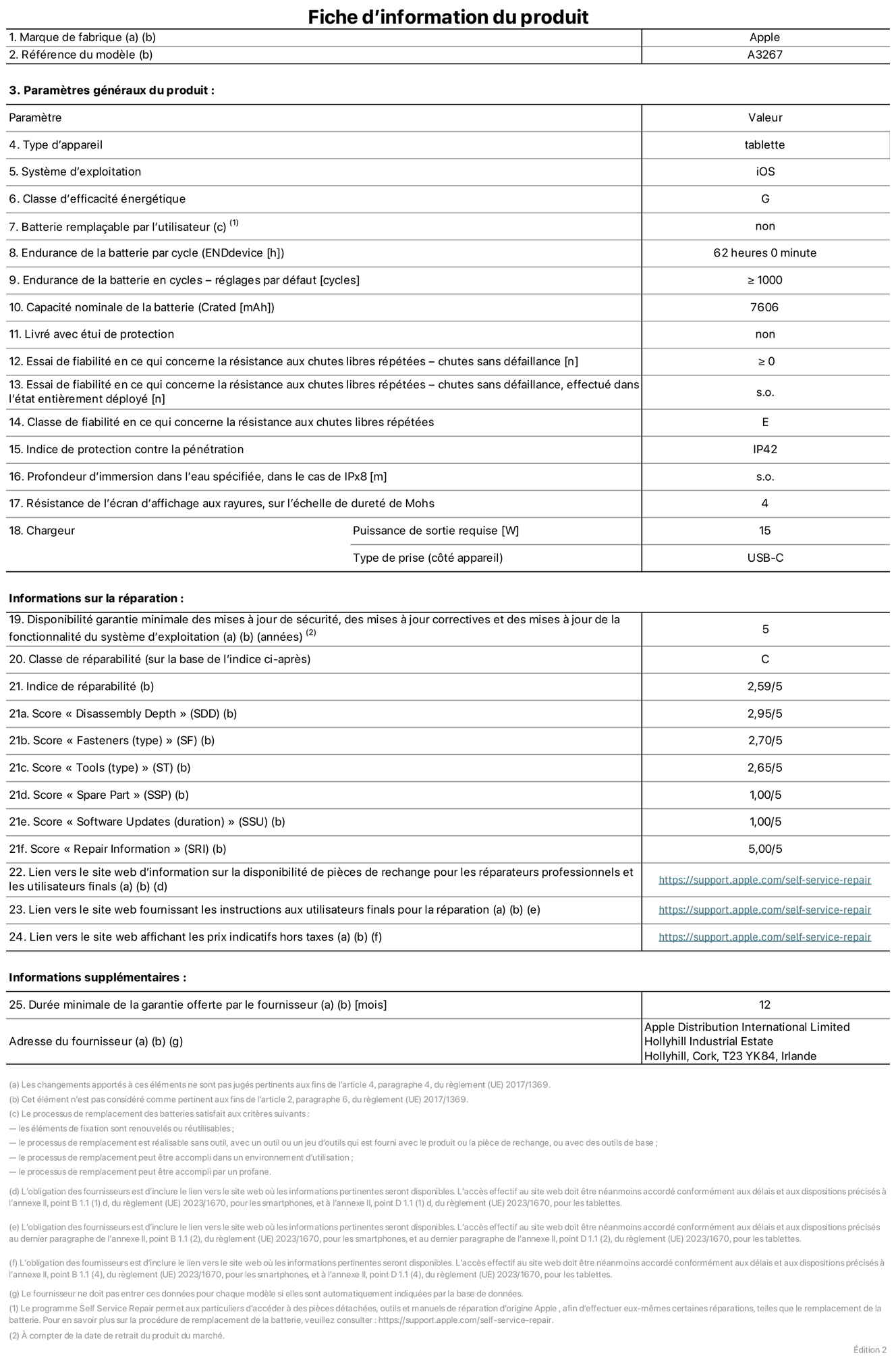 Fiche d’informations produit de l’iPad Air 11 pouces Wi‑Fi + Cellular, modèle A3267. Fournie par Apple UK Ltd, 100 New Bridge Street, Londres EC4V 6JA. Type d’appareil : tablette. Système d’exploitation : iOS. Classe d’efficacité énergétique en plage dynamique standard : G. Endurance de la batterie : 62 heures. Endurance de la batterie en cycles : ≥ 1000. Capacité nominale de la batterie : 7 606 mAh. Essai de fiabilité en ce qui concerne la résistance aux chutes libres répétées – chutes sans défaillance : ≥ 0. Classe de fiabilité en ce qui concerne la résistance aux chutes libres répétées : E. Indice de protection contre la pénétration : IP42. Résistance de l’écran d’affichage aux rayures sur l’échelle de dureté de Mohs : 4. Puissance de sortie requise du chargeur : 15 W. Type de prise : USB‑C. Disponibilité garantie minimale des mises à jour de sécurité, des mises à jour correctives et des mises à jour de la fonctionnalité du système d’exploitation : 5 ans. Classe de réparabilité : C. Indice de réparabilité : 2,59/5. Score pour la profondeur de désassemblage : 2,95/5. Score pour les éléments de fixation (type) : 2,70/5. Score pour les outils : 2,65/5. Score pour les pièces de rechange : 1,00/5. Score pour les mises à jour logicielles : 1,00/5. Score pour les informations de réparation : 5,00/5. Lien vers le site web d’information sur la disponibilité des pièces de rechange pour les réparateurs professionnels et les utilisateurs finaux : https://support.apple.com/self-service-repair. Lien vers le site web fournissant les instructions aux utilisateurs finaux pour la réparation : https://support.apple.com/self-service-repair. Lien vers le site web affichant les prix indicatifs hors taxes : https://support.apple.com/self-service-repair. Garantie générale de 12 mois offerte.