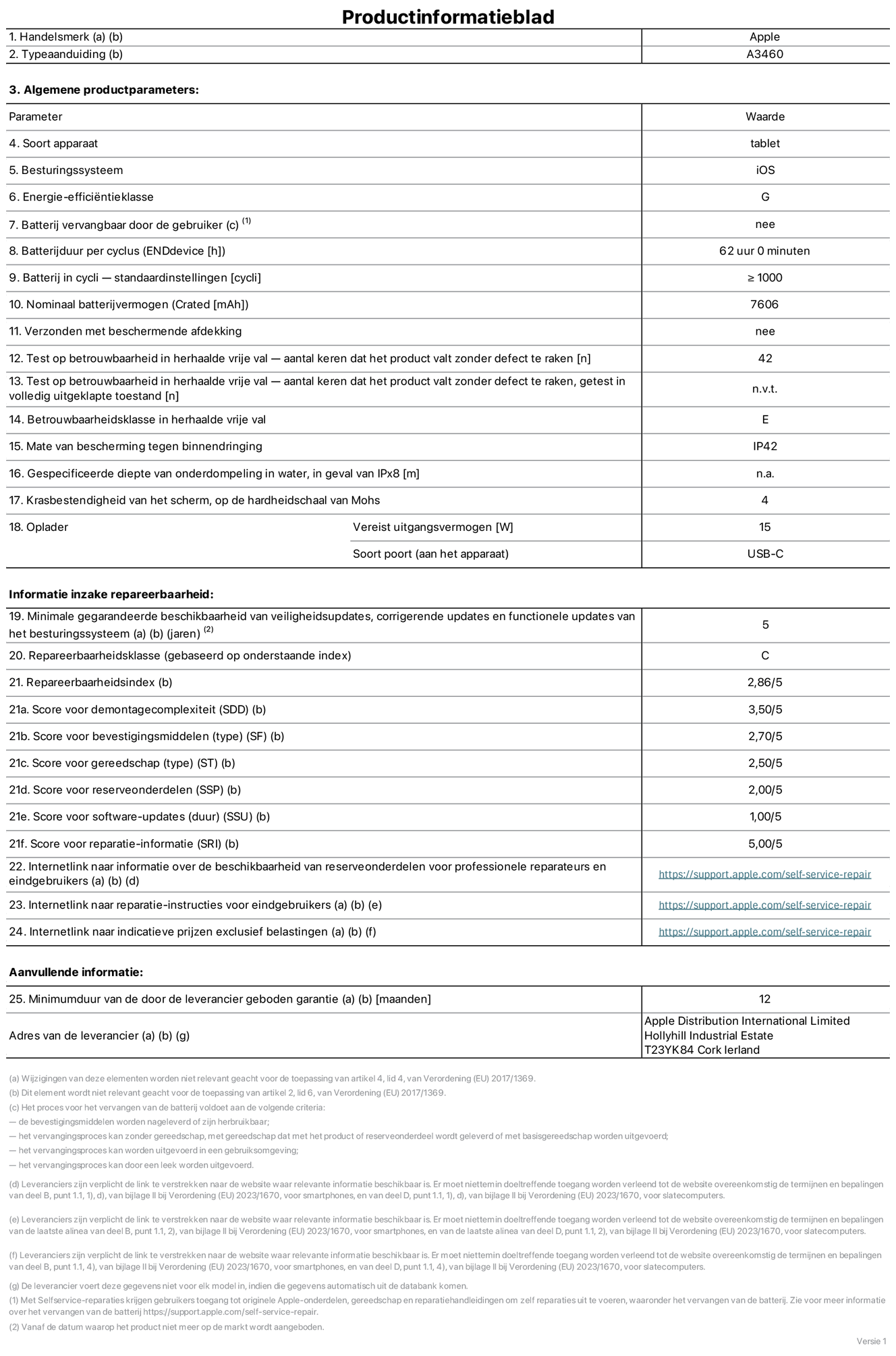 Productinformatieblad voor 11‑inch iPad Air (Wi‑Fi + Cellular), model A3460. Verstrekt door Apple Distribution International Limited, Hollyhill Industrial Estate. Cork, Ierland, T23 YK84. Type device: tablet. Besturingssysteem: iOS. Energie-efficiëntieklasse: G. Batterij door de gebruiker te vervangen: nee. Batterijduur per cyclus: 62 uur. Batterijduur in cycli, standaardinstellingen: groter dan of gelijk aan 1000. Nominale batterijcapaciteit: 7606 mAh. Geleverd met beschermhoesje: nee. Herhaalde betrouwbaarheidstest voor vrije val, valpartijen zonder defect: 42. Herhaalde betrouwbaarheidstest voor vrije val, valpartijen zonder defect getest in volledig verlengde staat: niet van toepassing. Herhaalde vrije val betrouwbaarheidsklasse: E. Beschermingsklasse: IP42. Gespecificeerde dompeldiepte in water, in geval van iPx8: niet van toepassing. Krasbestendigheid van het scherm op de hardheidsschaal van Mohs: 4. Uitgangsvermogen vereist voor oplader: 15 watt. Type opladeraansluiting (aan het uiteinde van het device): USB‑C. Minimale gegarandeerde beschikbaarheid van beveiligingsupdates van het besturingssysteem, corrigerende updates en functionaliteitsupdates: 5 jaar. Repareerbaarheidsklasse: C. Repareerbaarheidsindex: 2,86/5. Score demontagediepte (SDD): 3,50/5. Score sluitingen: 2,70/5. Gereedschapsscore: 2,50/5. Score reserveonderdelen: 2,00/5. Score software-updates: 1,00/5. Score reparatiegegevens: 5,00/5. Weblink naar informatie over de beschikbaarheid van reserveonderdelen voor professionele reparaties en eindgebruikers: https://support.apple.com/self-service-repair. Weblink voor reparatie-instructies voor eindgebruikers: https://support.apple.com/self-service-repair. Weblink naar indicatieve prijzen vóór belasting: https://support.apple.com/self-service-repair. Inclusief 12 maanden algemene garantie.