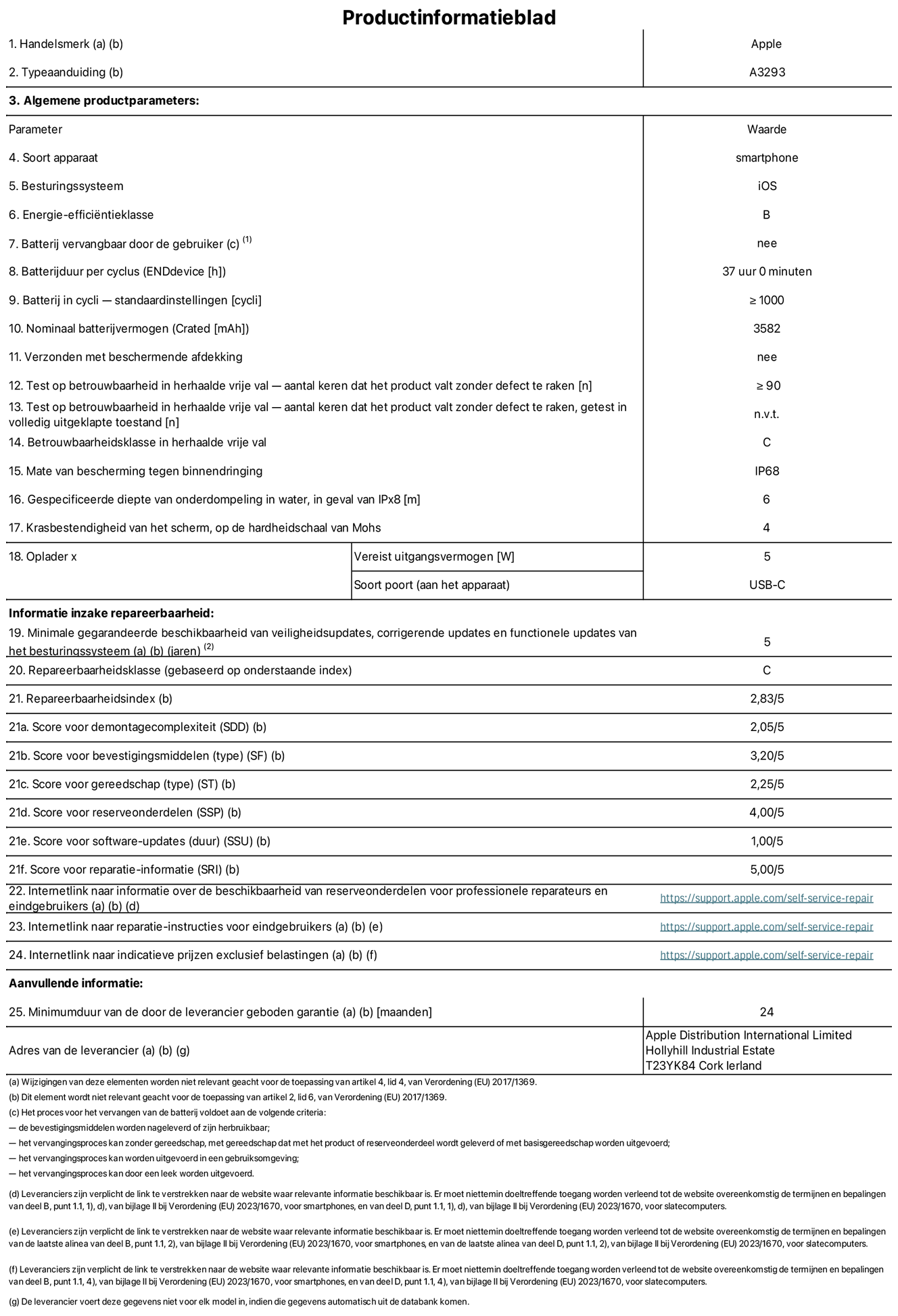 Productinformatieblad voor iPhone 16 Pro, model A3293. Verstrekt door Apple Distribution International Limited, Hollyhill Industrial Estate. Cork, Ierland T23 YK84. Type device: smartphone. Besturingssysteem: iOS. Energie-efficiëntieklasse: B. Batterij door de gebruiker te vervangen: nee. Batterijduur per cyclus: 37 uur. Batterijduur in cycli, standaardinstellingen: ≥ 1000. Nominale batterijcapaciteit: 3582 mAh. Geleverd met beschermhoes: nee. Herhaalde betrouwbaarheidstest voor vrije val, valt zonder defect: ≥ 90. Herhaalde betrouwbaarheidstest voor vrije val, valpartijen zonder defect getest in volledig verlengde staat: niet van toepassing. Herhaalde vrije val in betrouwbaarheidsklasse: C. Beschermingsklasse: IP68. Gespecificeerde dompeldiepte van water, in het geval van iPx8: 6. Krasbestendigheid van het scherm op de hardheidsschaal van Mohs: 4. Uitgangsvermogen vereist voor oplader: 5W. Type opladeraansluiting (aan het uiteinde van het apparaat): USB-C. Minimale gegarandeerde beschikbaarheid van beveiligingsupdates van het besturingssysteem, corrigerende updates en functionaliteitsupdates: 5 jaar. Herstelbaarheidsklasse: C. Herstelbaarheidsindex: 2,83/5. Score demontagediepte (SDD): 2,05/5. Score sluitingen: 3,20/5. Gereedschapsscore: 2,25/5. Reservedeelscore: 4,00/5. Score software-updates: 1,00/5. Score reparatiegegevens: 5,00/5. Weblink naar informatie over de beschikbaarheid van reserveonderdelen voor professionele reparaties en eindgebruikers: https://support.apple.com/self-service-repair. Weblink voor reparatie-instructies voor eindgebruikers: https://support.apple.com/self-service-repair. Weblink naar indicatieve prijzen vóór belasting: https://support.apple.com/self-service-repair. Inclusief 12 maanden algemene garantie.