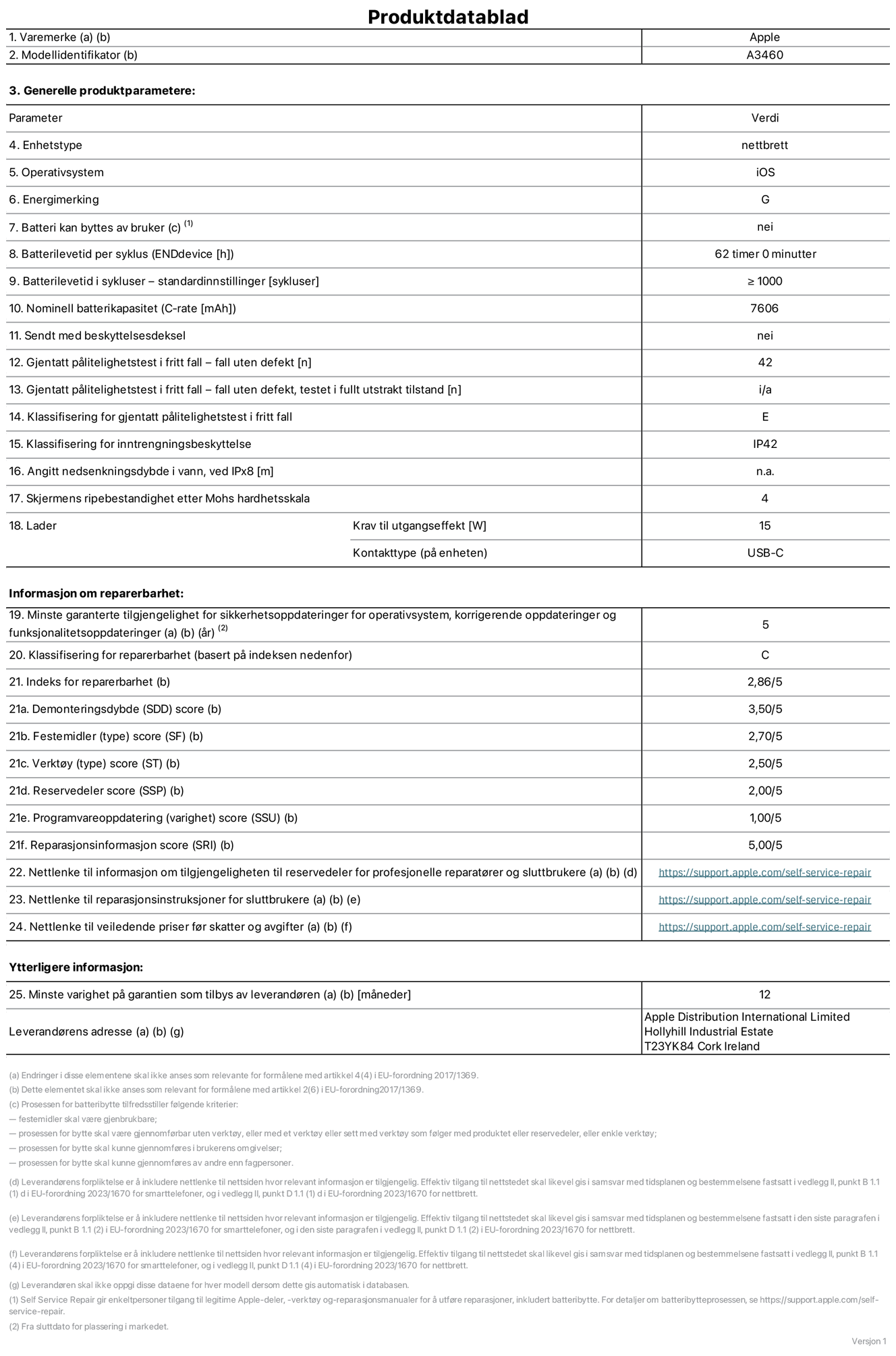Produktdatablad for 11-tommers iPad Air Wi‑Fi + Cellular – modell A3460. Levert av Apple Distribution International Limited, Hollyhill Industrial Estate. Cork, Irland, T23 YK84. Enhetstype: nettbrett. Operativsystem: iOS. Energieffektivitetsklasse: G. Batteriet kan byttes av brukeren: nei. Batteriets holdbarhet per ladesyklus: 62 timer. Batteriets holdbarhet i antall ladesykluser – standardinnstillinger: større enn eller lik 1000. Nominell batterikapasitet: 7606 mAh Leveres med beskyttelsesdeksel: nei. Holdbarhetstest ved gjentatte fall – antall fall uten feil: 42. Holdbarhetstest ved gjentatte fall – antall fall uten feil i helt utfoldet tilstand: ikke relevant. Holdbarhetsklasse ved gjentatte fall: E. Kapslingsgrad: IP42. Angitt nedsenkingsdybde i vann ved IPx8: ikke relevant. Skjermens ripefasthet på Mohs skala: 4. Krav til laderens utgangseffekt: 15 watt. Laderens stikkontakt (på enhetssiden): USB‑C. Minstegaranti for tilgang på sikkerhetsoppdateringer, feilrettinger og funksjonsoppdateringer til operativsystemet: 5 år. Reparerbarhetsklasse: C. Reparerbarhetsindeks: 2,86/5. Demontering: 3,50/5. Festeanordninger: 2,70/5. Verktøy: 2,50/5. Reservedeler: 2,00/5. Programvareoppdateringer: 1,00/5. Informasjon om reparasjon: 5,00/5. Lenke til informasjon om tilgjengelighet for reservedeler for profesjonelle reparatører og sluttbrukere: https://support.apple.com/self-service-repair. Lenke til reparasjonsveiledning for sluttbrukere: https://support.apple.com/self-service-repair. Lenke til veiledende priser ekskl. mva: https://support.apple.com/self-service-repair. Produktet omfattes av en 12-måneders generell garanti.