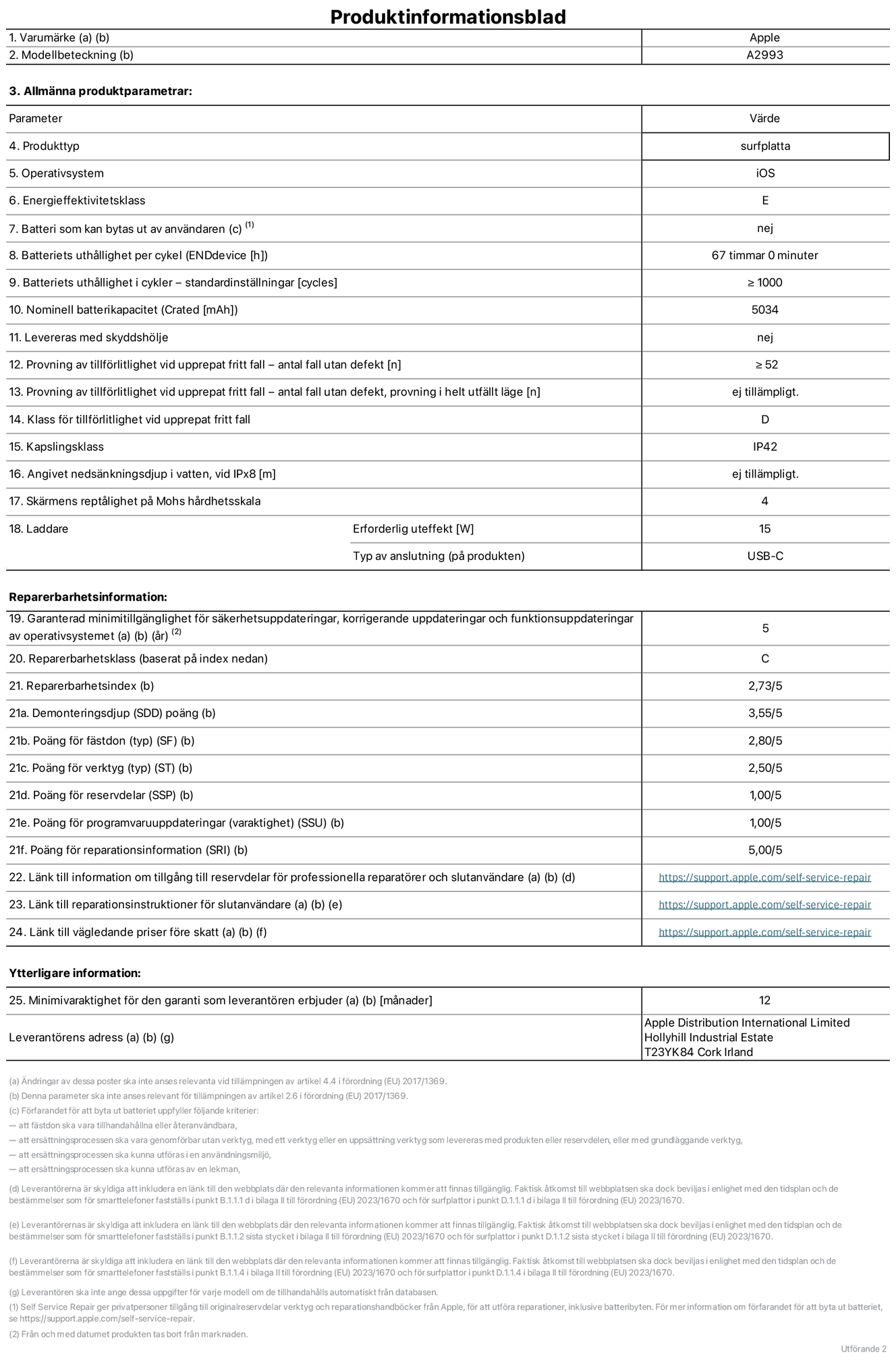Produktinformationsblad för iPad mini Wi-Fi, modell A2993. Tillhandahålls av Apple Distribution International Ltd, Hollyhill Industrial Estate. Cork, Irland T23 YK84. Enhetstyp: surfplatta. Operativsystem: iOS. Energieffektivitetsklass: E. Batteri som kan bytas ut av användaren: nej. Batteritid: 67 timmar. Batteriets livslängd i antal cykler: ≥ 1000. Nominell batterikapacitet: 5034 mAh. Tillförlitlighetstest vid upprepat fritt fall – antal fall utan defekter: ≥ 52. Tillförlitlighet vid upprepat fritt fall: klass D. IP-klass: IP42. Skärmens reptålighet enligt Mohs hårdhetsskala: 4. Laddare – uteffekt som krävs: 15 W. Typ av uttag på laddaren: usb-c. Garanterad minimiperiod för tillgång till säkerhetsuppdateringar, korrigerande uppdateringar och funktionsuppdateringar av operativsystemet: 5 år. Reparerbarhetsklass: C. Reparerbarhetsindex: 2,73/5. Poäng för demonteringsdjup: 3,55/5. Poäng för fästen: 2,80/5. Poäng för verktyg: 2,50/5. Poäng för reservdelar: 1,00/5. Poäng för mjukvaruuppdateringar: 1,00/5. Poäng för reparationsinformation: 5,00/5. Länk till information om tillgängliga reservdelar för professionella reparatörer och slutanvändare: https://support.apple.com/self-service-repair. Länk till reparationsanvisningar för slutanvändare: https://support.apple.com/self-service-repair. Länk till vägledande priser före skatt: https://support.apple.com/self-service-repair. Produkten omfattas av 12 månaders garanti.