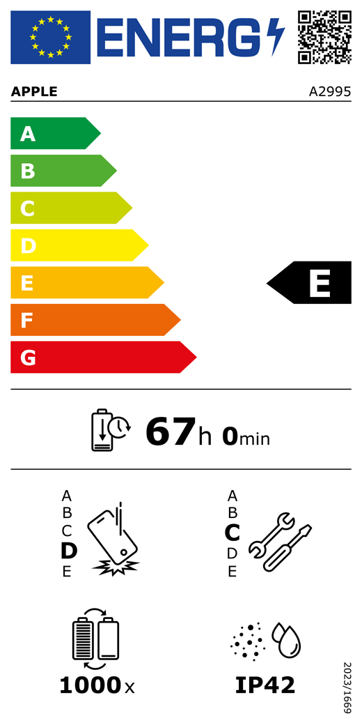 EU-energimærke, QR-kode og information, Apple-model A2995, klasse E, energieffektivitetsklasser (med en skala fra A til G), A (mest effektiv) til G (mindst effektiv), batteriholdbarhed pr. cyklus: 67 timer og 0 minutter pr. fuld batteriopladning, klasse D for holdbarhed ved gentagne frie fald, A (mest robust) til E (mindst robust), klasse C for reparerbarhed, A (mest reparerbar) til E (mindst reparerbar), batteriholdbarhed på 1000 cyklusser, IP-klassificering for støv- og vandbeskyttelse: IP42, forordning 2023/1669