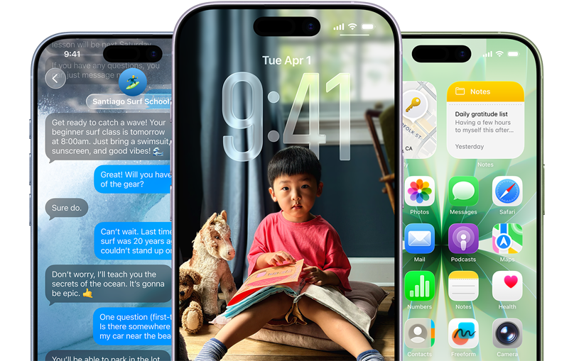 Plusieurs iPhone 17, face avant, coloris : brume, lavande, sauge, fonctionnalités iOS - Arrière-plan avec messages, Liquid Glass montrant l’écran verrouillé et l’écran d’accueil présentant plusieurs apps