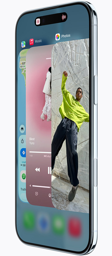 iPhone Air, front exterior, side exterior, with Maps, Music, and Apple TV+ apps, showcasing the App Switcher feature in use