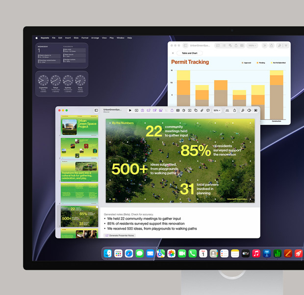 macOS screen, displaying a Keynote presentation, a data chart, open Calendar app, and Dock apps