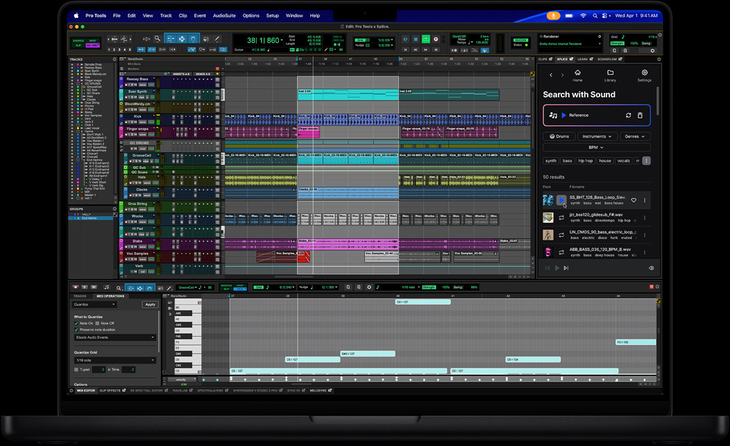 MacBook Pro Display mit der Pro Tools App, in der ein Song bearbeitet wird