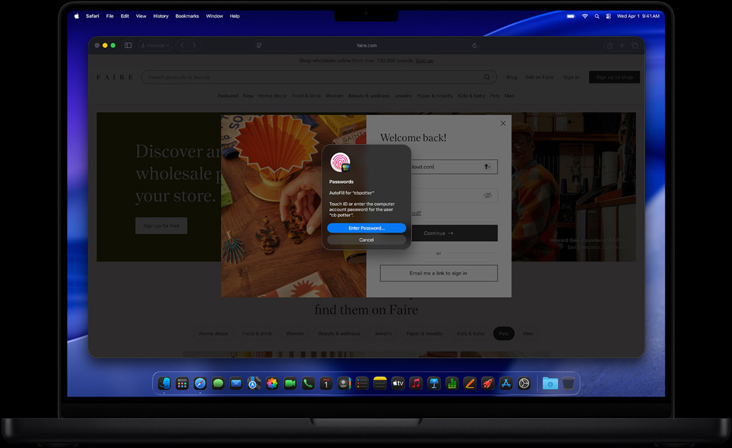Beim Surfen in Safari wird eine Person aufgefordert, sich mit Touch ID bei einer Website anzumelden