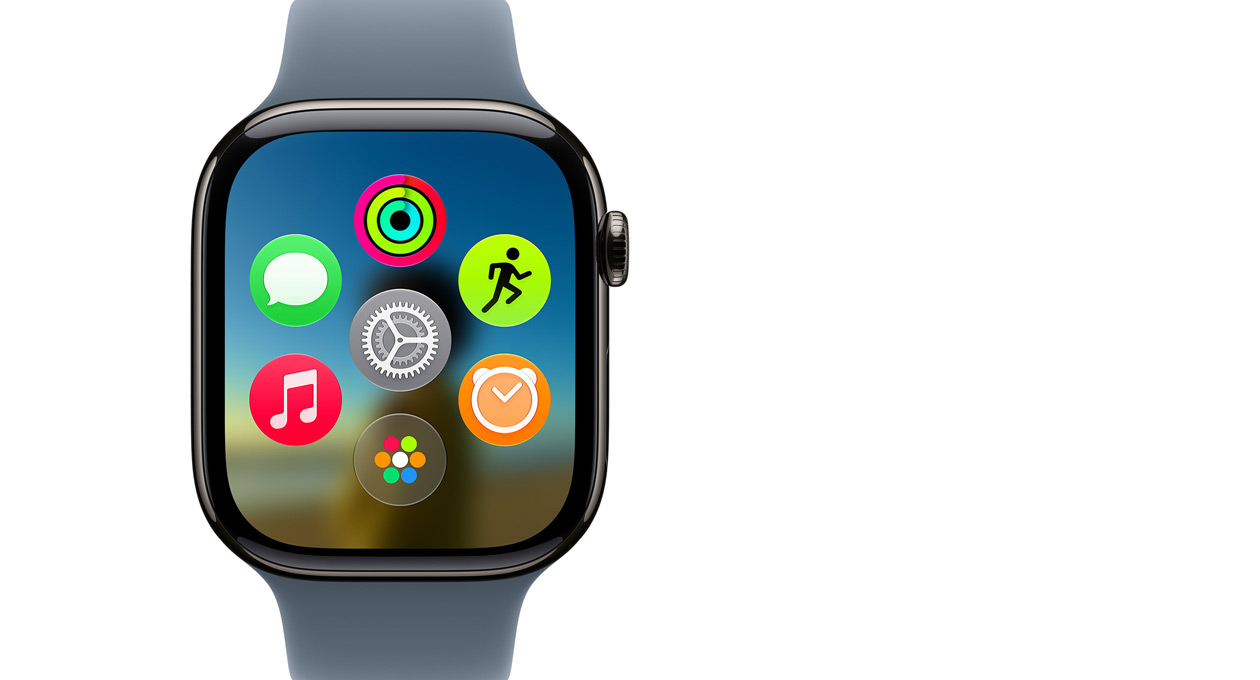 Apple Watch Series 11, Titanium Slate, showing the Dynamic app grid