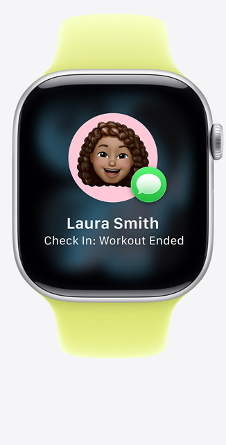 Apple Watch Series 11 med urkasse i sølvfarvet aluminium, forslag om Statustjek i iMessage og neongul Sportsrem