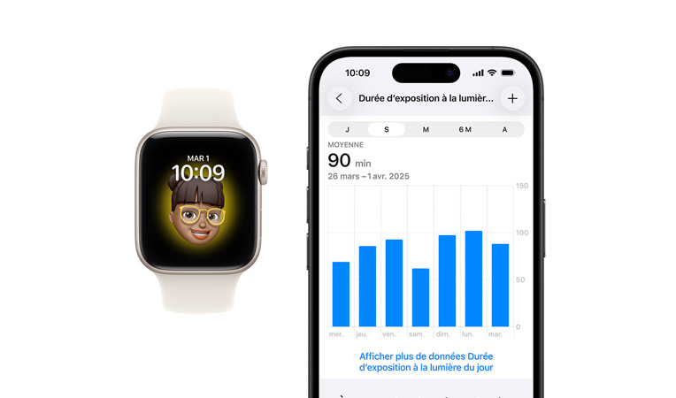 Apple Watch SE 3, boîtier en aluminium, couleur lumière stellaire, cadran Memoji, iPhone, onglet Partage de Santé avec durée d’exposition à la lumière du jour