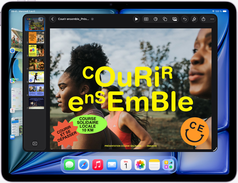 iPad Air, mode paysage, écran affichant une présentation Keynote