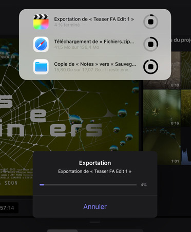 Notification de tâches en arrière-plan montrant l’exportation en cours d’une vidéo, le téléchargement d’un fichier et le déplacement de Notes vers Sauvegarde