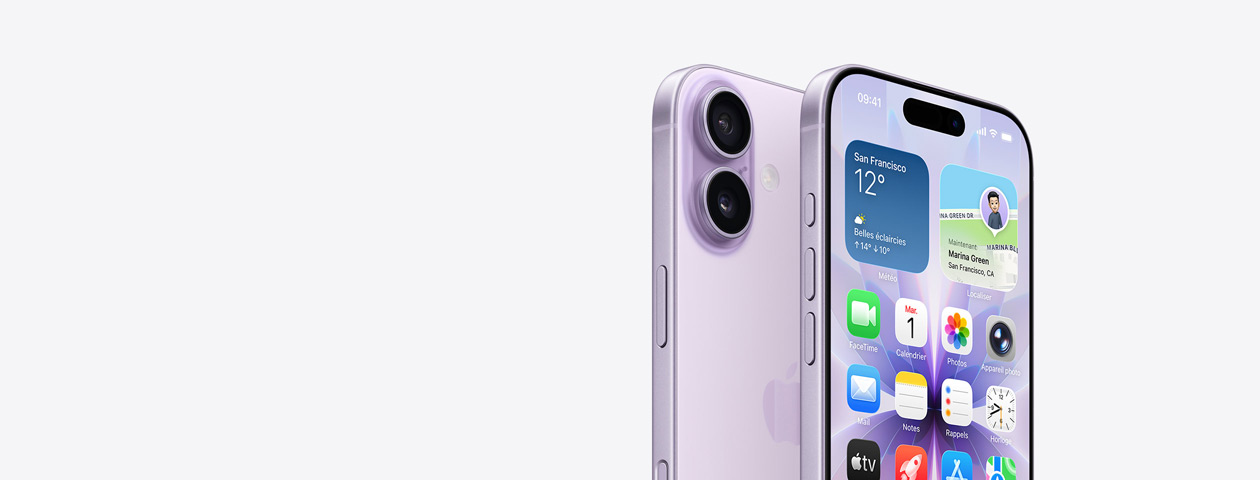 iPhone 17 en finition lavande, face avant avec écran d’accueil partiellement affiché, boutons Action et réglage du volume visibles sur le bord. Face arrière montrant le système à deux caméras Fusion dans le coin supérieur gauche, bouton Commande de l’appareil photo