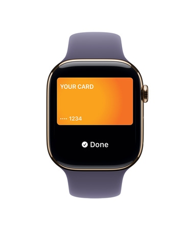 Apple Watch Series 11, χρυσαφί χρώμα, κάσα από τιτάνιο, Apple Pay, εξωτερική δεξιά πλαϊνή όψη, Digital Crown, λουράκι Sport Band σε μωβ της ομίχλης