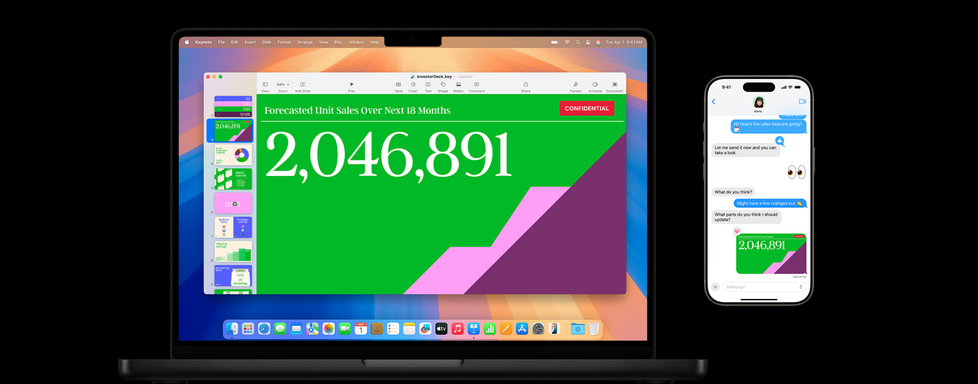 Mac 螢幕上顯示一份簡報，以及文字對話中的簡報連結。