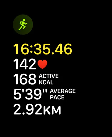 Run workout card, running icon, metrics: time, heart rate, rolling pace, average pace, distance