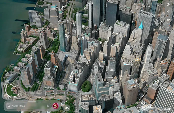 Apple Maps showing a detailed aerial view of a city with buildings, roads, and green spaces