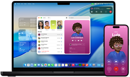 MacBook Pro i iPhone 16 Plus, otvorena aplikacija Telefon, isti kontakt prikazan na oba zaslona