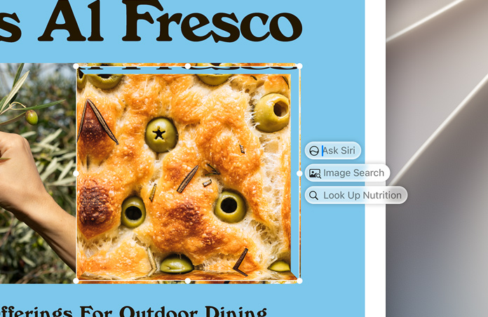 Ételt ábrázoló képernyőfotó az „Ask Siri” (Kérje meg Sirit) funkció, az „Image Search” (Képkeresés) és a „Look Up Nutrition” (Tápanyagok definiálása) lehetőségekkel.