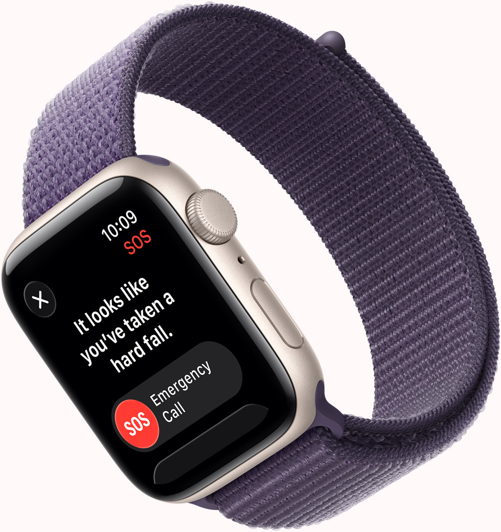 Apple Watch SE 3, aluminum case, starlight color, SOS Fall Detection notification, emergency call button, right side exterior, Digital Crown, microphone, side button, band, Sport Loop, purple fog color