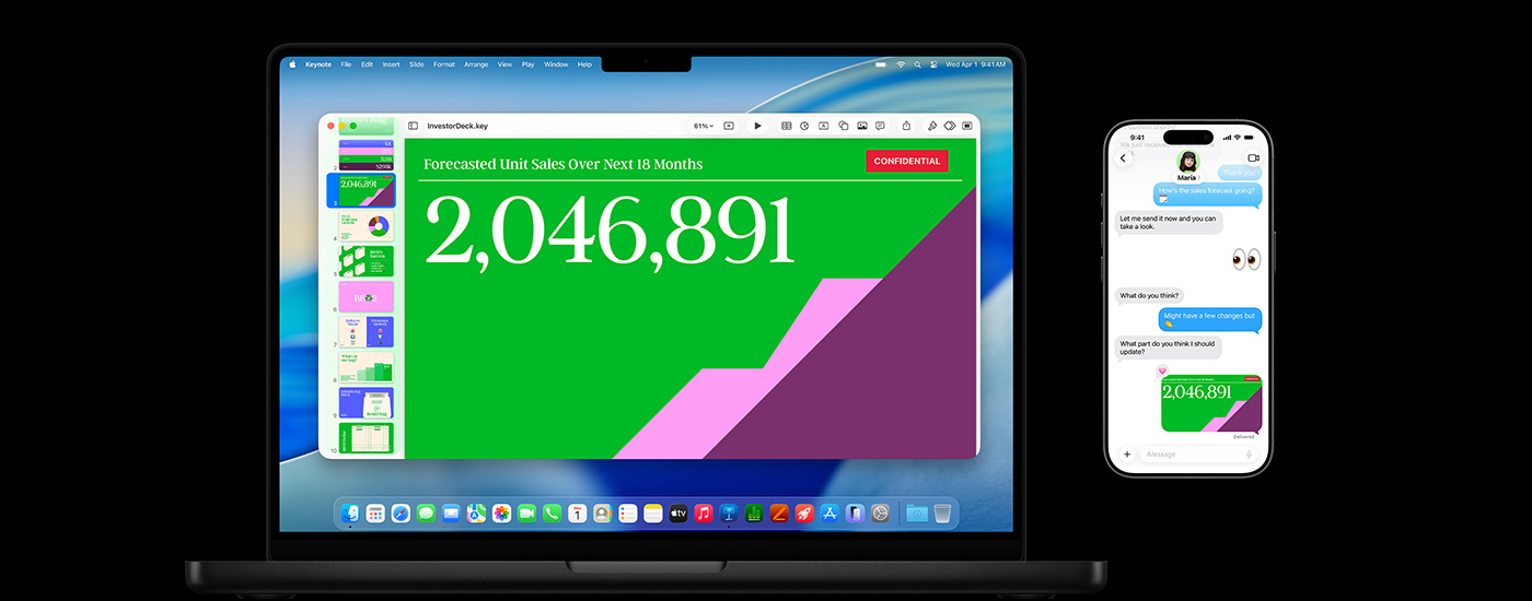 Presentasi yang ditampilkan di layar Mac dan komunikasi teks yang ditautkan ke presentasi tersebut.