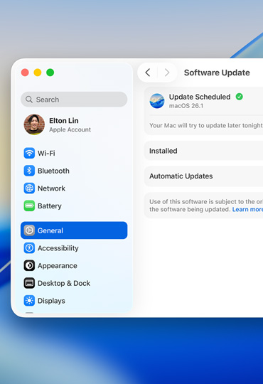 Layar Mac menampilkan pembaruan perangkat lunak terjadwal dalam Pengaturan Sistem