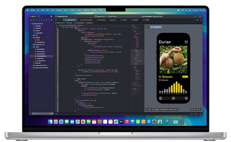 Sebuah Mac terbuka yang menampilkan aplikasi Xcode.