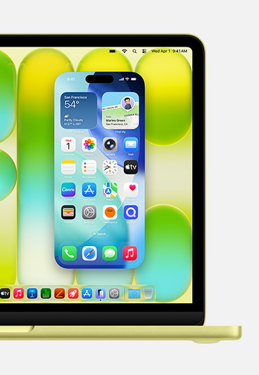 MacBook, tampak depan, layar menunjukkan fitur Pencerminan iPhone, yang pengguna dapat mengontrol layar iPhone dari Mac.