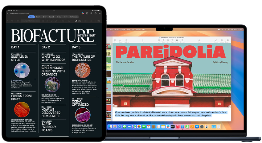 Sebuah iPad dan MacBook menampilkan tugas kuliah.
