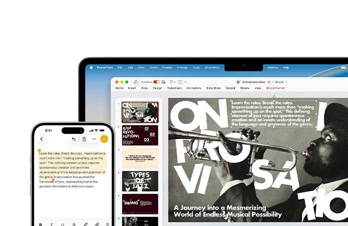 iPhone 16 Plus dengan teks yang disorot di aplikasi Catatan, MacBook Air dengan slide PowerPoint terbuka, teks dari aplikasi Catatan terlihat di slide