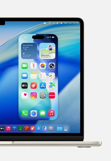 MacBook Air , front view, screen shows iPhone Mirroring feature, where user can control iPhone screen from Mac.