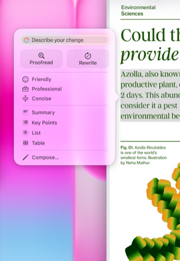 An article in Pages, featuring an Apple Intelligence prompt with options to summarize the highlighted text, make it more concise and more.