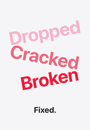 A visual representing Dropped, cracked, broken, fixed.