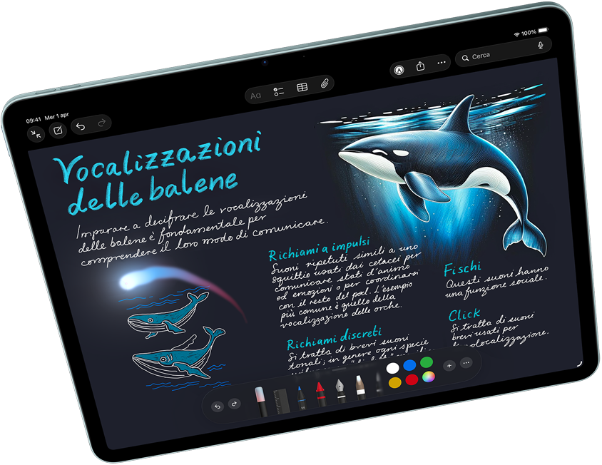 Un iPad Air in orizzontale con accanto una Apple Pencil Pro; lo schermo mostra Apple Intelligence con Image Playground e Keynote