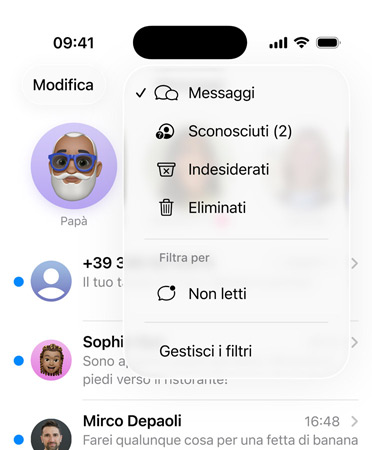 L’app Messaggi con i nuovi strumenti di filtro, che ora raccolgono i numeri sconosciuti in una sezione chiamata Mittenti sconosciuti