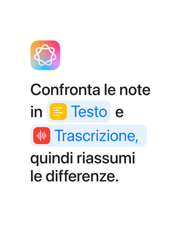 Confronta le note in Testo e Trascrizione quindi riassumi; con le parole “Testo” e “Trascrizione” evidenziate in blu come apparirebbero nell’app Comandi Rapidi