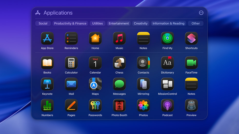 macOS Tahoe의 다양한 앱 아이콘이 격자 형식으로 표시되어 있는 모습.