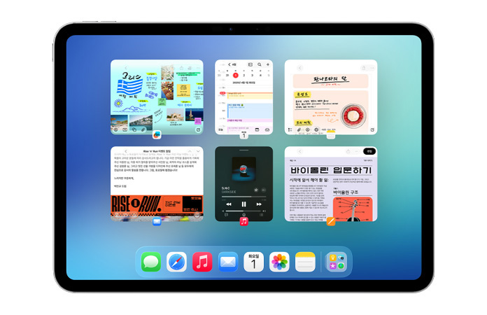 가로 방향의 iPad 화면에 캘린더, 메모, Apple Music, Safari 앱을 포함한 6개의 윈도우가 두 줄로 열려 있는 모습