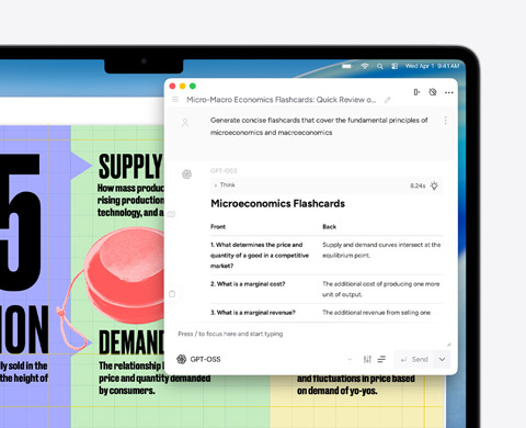 Écran d’un MacBook Air affichant les Outils d’écriture d’Apple Intelligence utilisés pour créer des fiches sur la micro-économie et la macro-économie