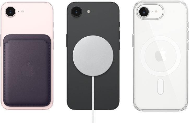 iPhone 17e, aizmugures skats, maigi rozā krāsā, ar FineWoven auduma maku, kam piestiprināts MagSafe, iPhone 17e, aizmugures skats, melnā krāsā, ar piestiprinātu MagSafe lādētāju, iPhone 17e, aizmugures skats, baltā krāsā, ar caurspīdīgu MagSafe ietvaru
