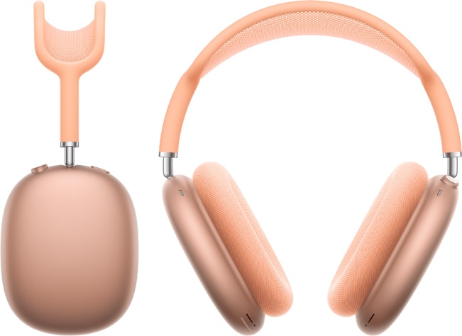 صورة لسماعات AirPods&nbsp;Max باللون البرتقالي من الأمام ومن الجانب