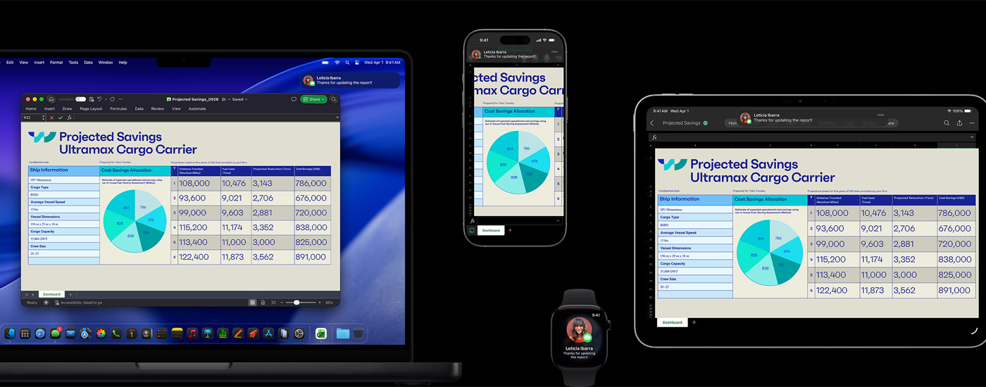 جدول&nbsp;بيانات ورسالة&nbsp;نصية معروضان على&nbsp;مجموعة من&nbsp;الأجهزة، تشمل أجهزة&nbsp;iPhone وiPad وApple&nbsp;Watch و‏Mac‏ الذي يعرض نظام&nbsp;macOS&nbsp;Tahoe.‏