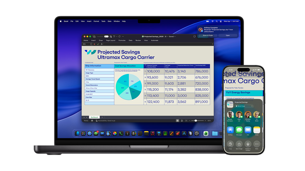 جهاز&nbsp;Mac وجهاز&nbsp;iPhone يعرضان مستنداً في&nbsp;Excel‏. في&nbsp;Mac تظهر شاشة توقف لنظام&nbsp;macOS&nbsp;Tahoe في&nbsp;الخلفية.