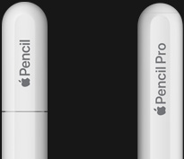 قلم Apple Pro، الجزء الجانبي الخارجي، لون أبيض، غطاء مدور منقوش عليه Apple Pencil Pro، وقلم Apple (USB-C)، الجزء الجانبي الخارجي، لون أبيض، غطاء مدور منقوش عليه Apple Pencil