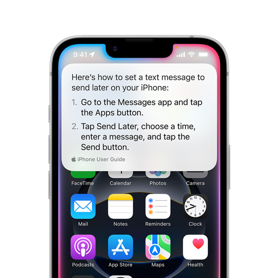 iPhone 16e showing text pop-up from Siri with instructions on how to set a text message to send later.
