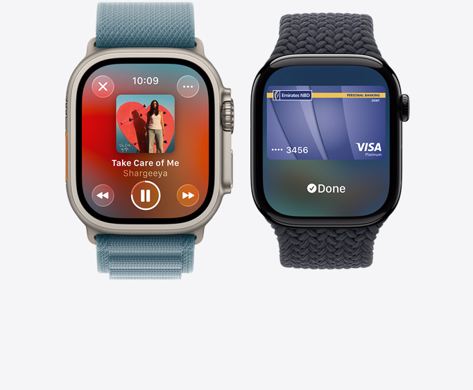 Apple Watch Ultra 3, titanium case, natural color, Apple Music app, now playing screen, Apple Watch Series 11,  aluminum case, polished jet black color, Apple Pay screen, Apple Card