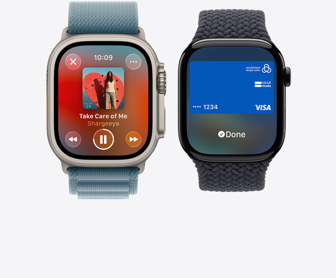 Apple Watch Ultra 3, titanium case, natural color, Apple Music app, now playing screen, Apple Watch Series 11,  aluminum case, polished jet black color, Apple Pay screen, Apple Card